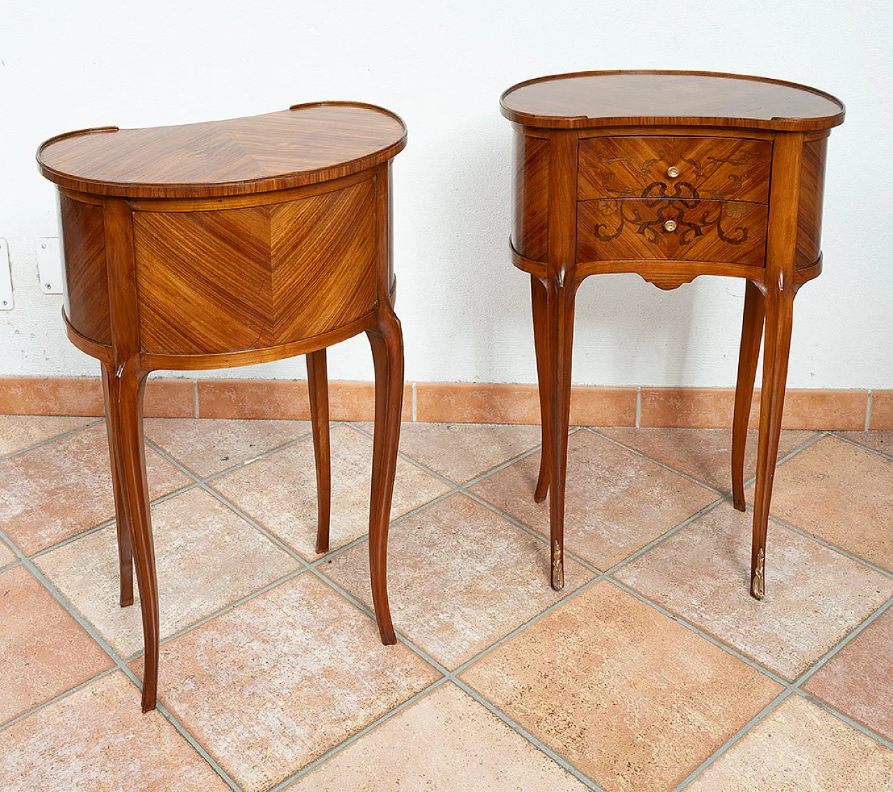 Pair of bedside tables in precious exotic woods, early 20th century 5