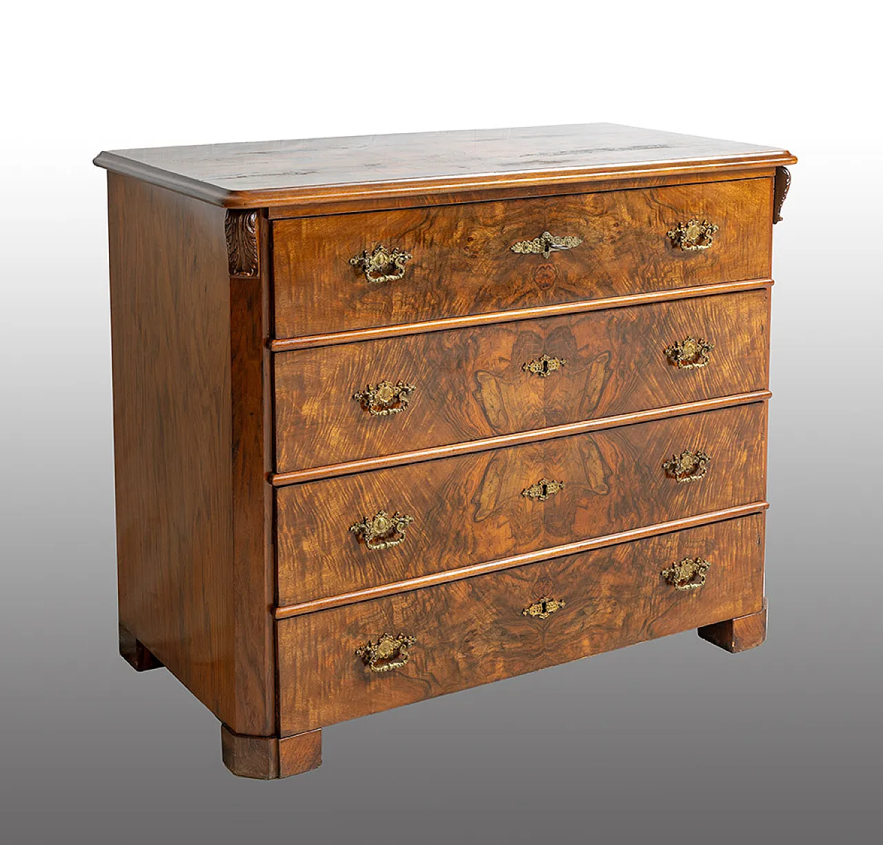Biedermeier commode in walnut root, late 19th century 1