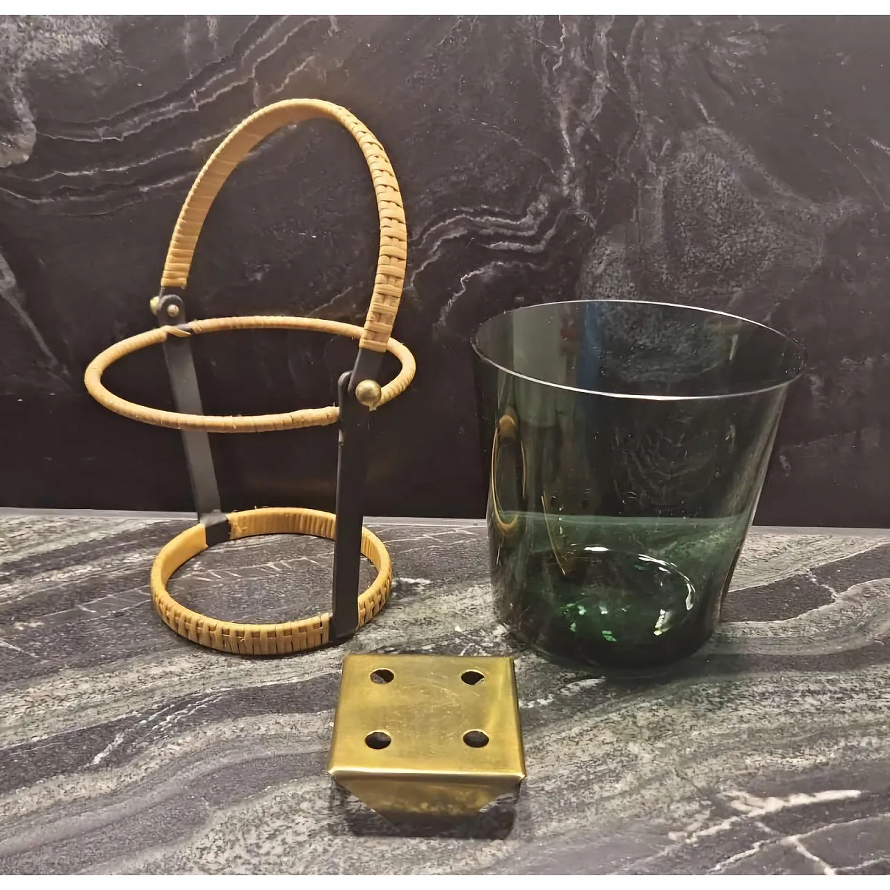 Dark glass ice bucket with brass frame, mid-20th century 3