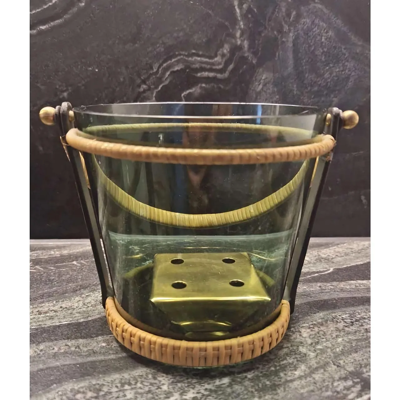Dark glass ice bucket with brass frame, mid-20th century 4