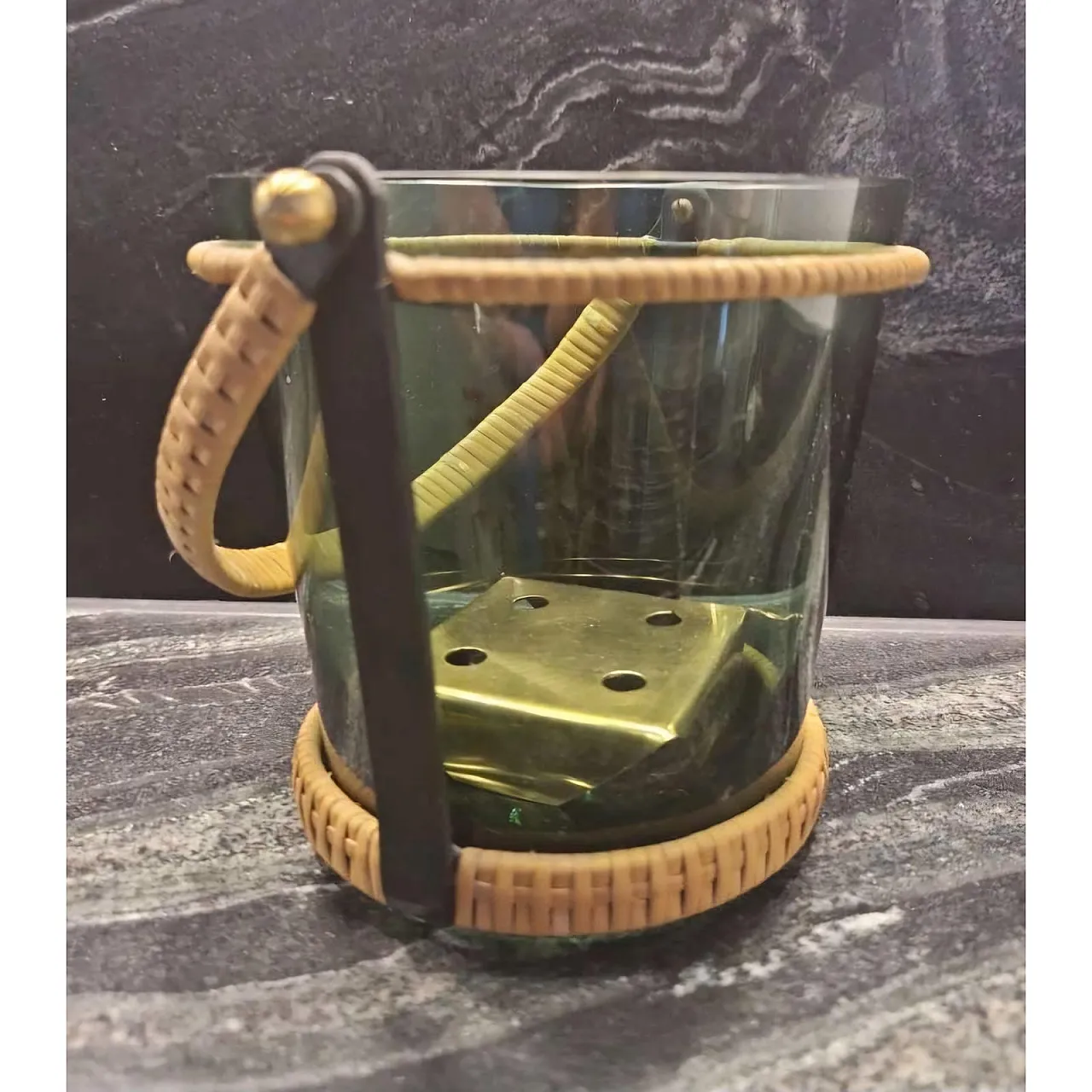 Dark glass ice bucket with brass frame, mid-20th century 5