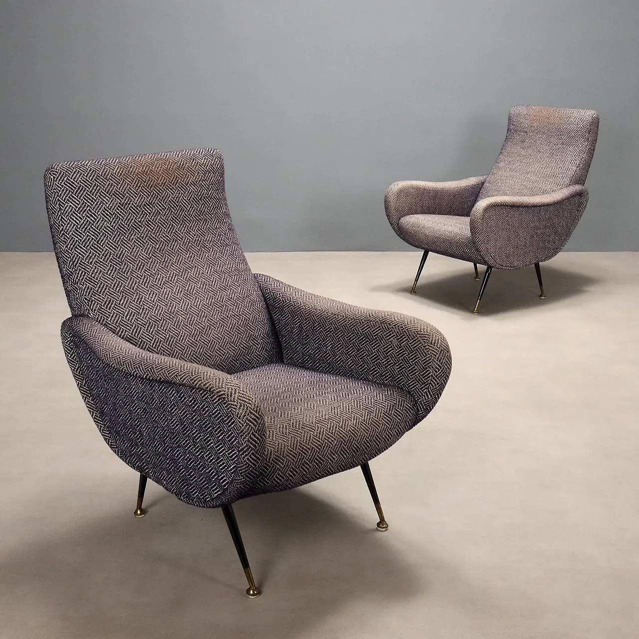 Pair of armchairs in metal and fabric, mid-20th century 1