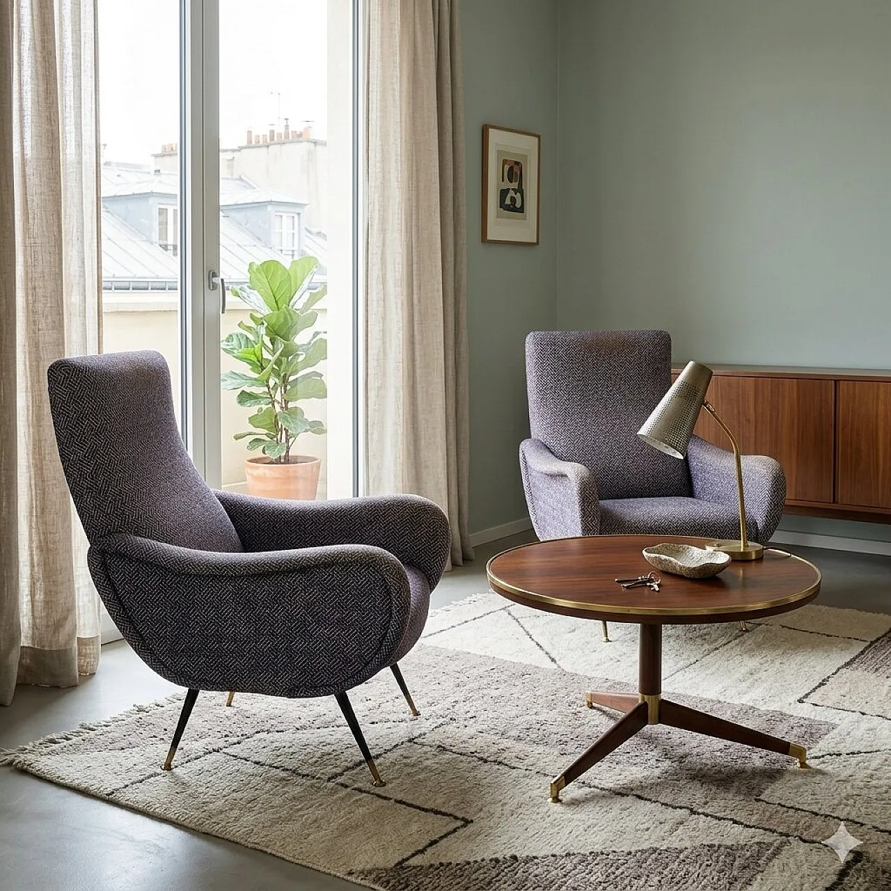 Pair of armchairs in metal and fabric, mid-20th century 2