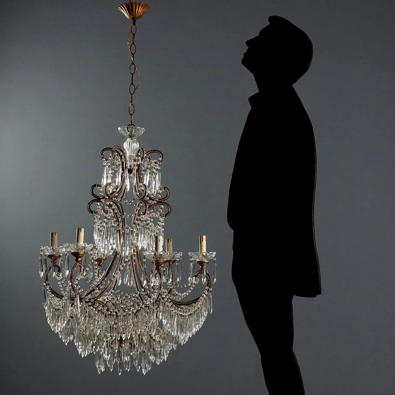Lampadario a sei luci in ferro e vetro, '900 2