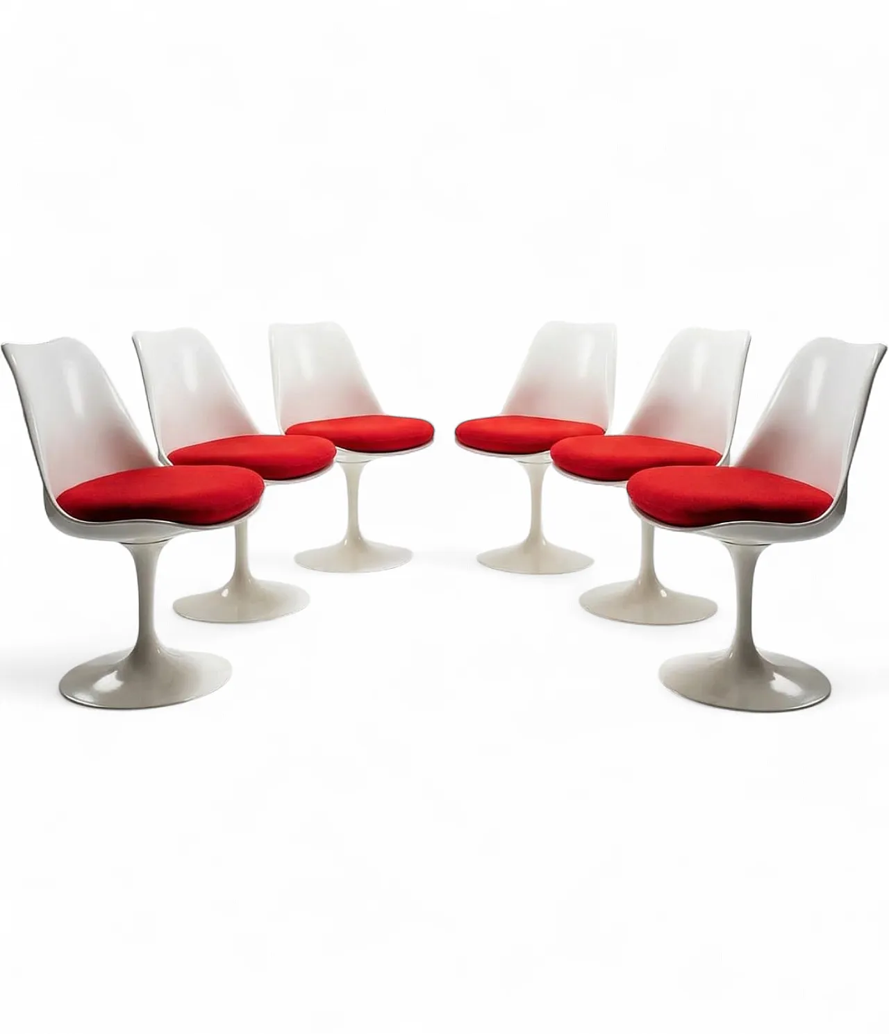 6 Sedie Tulip di Saarinen per Knoll, girevole bianca rossa, anni 2000 14