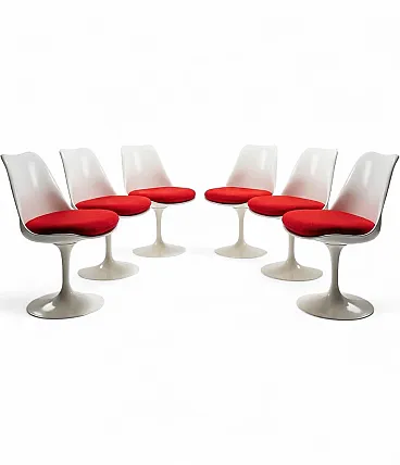 6 Sedie Tulip di Saarinen per Knoll, girevole bianca rossa, anni 2000