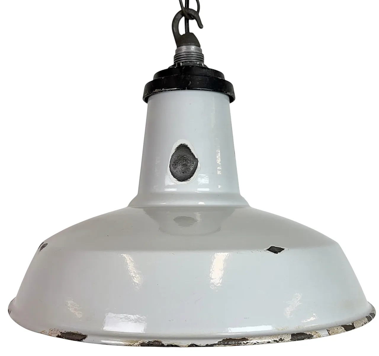 Lampada a sospensione industriale di fabbrica in smalto grigio, anni '60 1