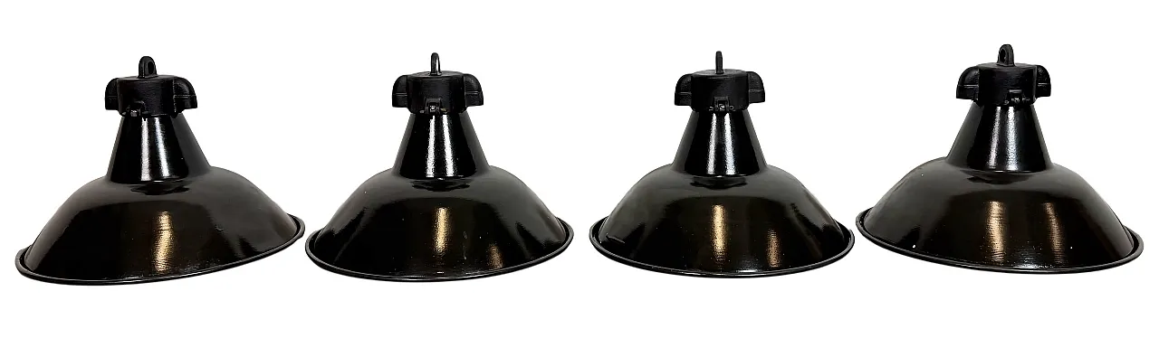 Set of 4 Industrial Black Enamel Factory Lamps with Cast Iron Top, 195 1