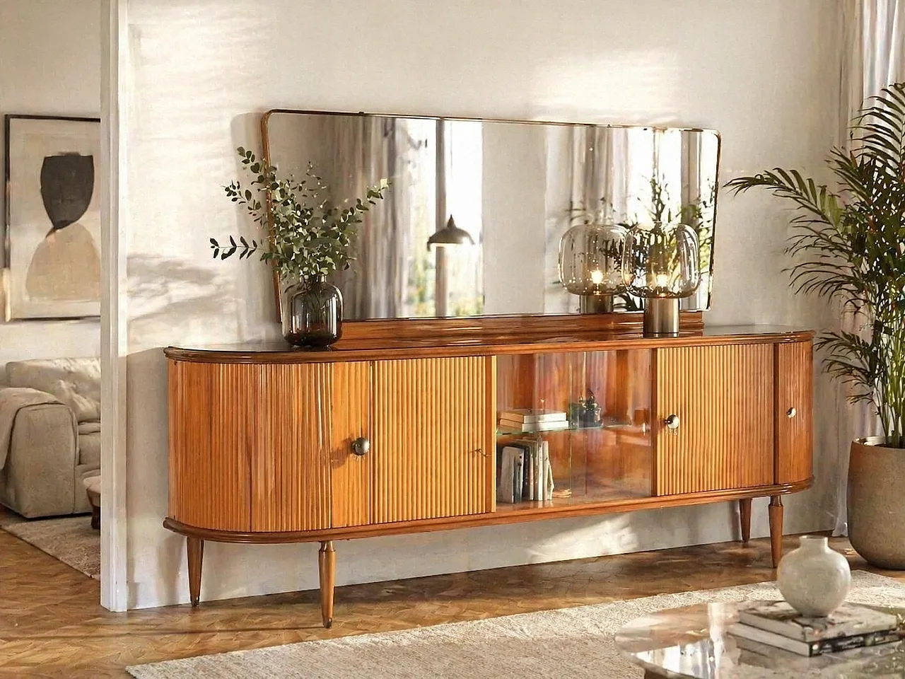 Credenza con vetrina centrale e ampio specchio, anni '60 12