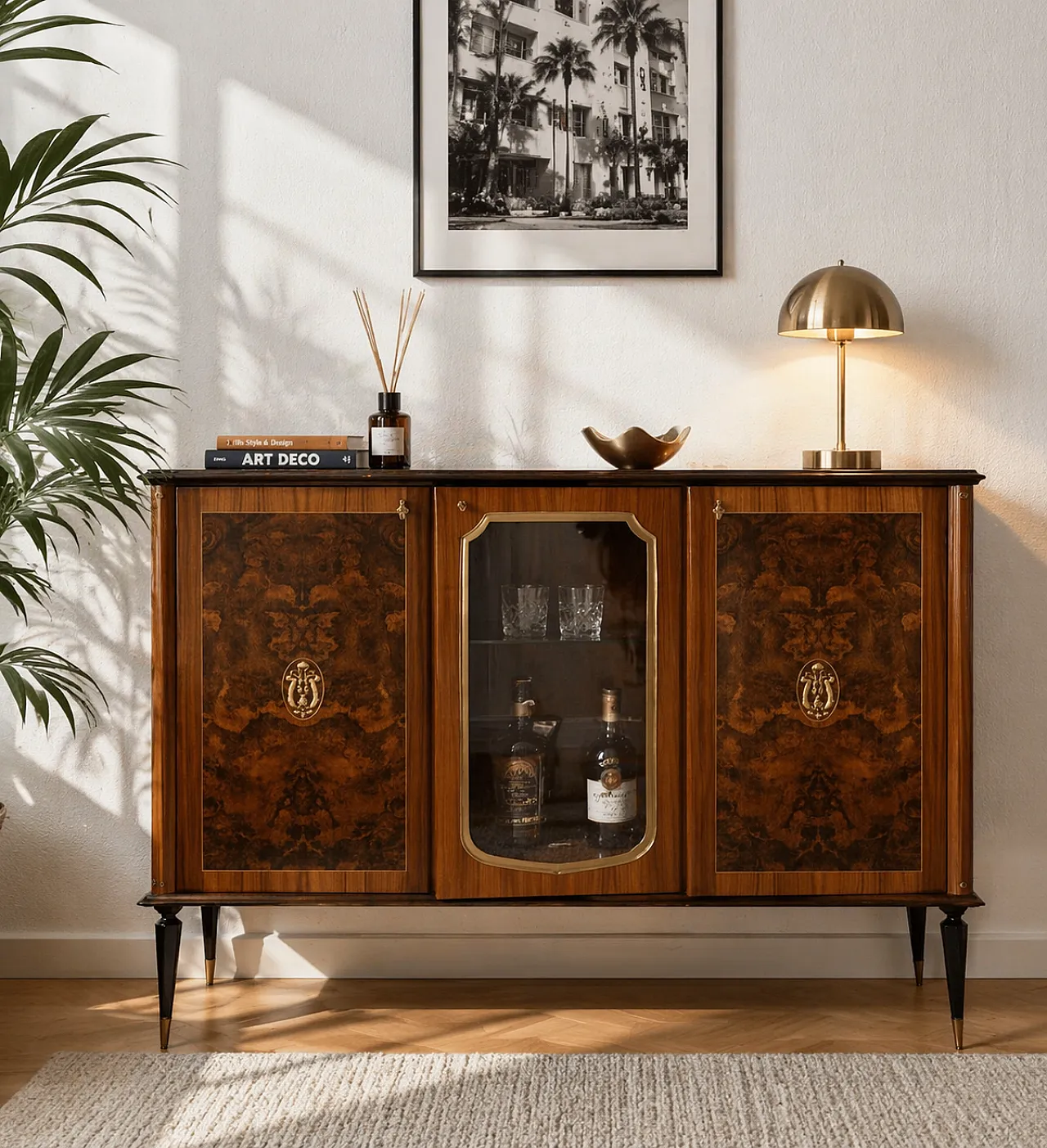 Sideboard / bar cabinet in briar wood brass details, late 1950s 6