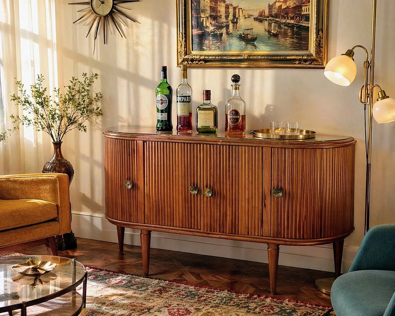 Credenza bar fine bombata interni a specchio, con luci, 1953 2