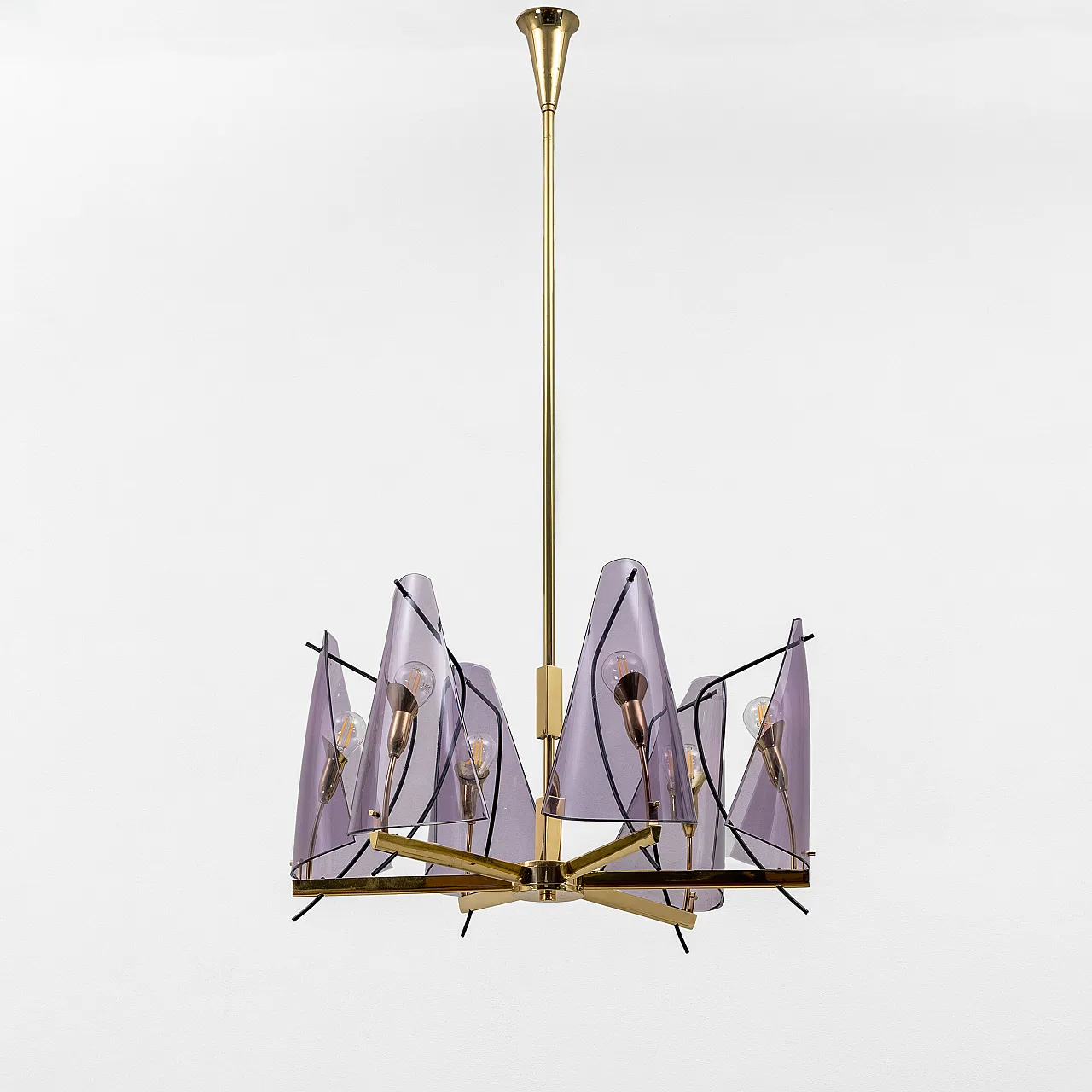 Mid-Century chandelier by Stilux Milano in brass and plexiglass, 70s 1