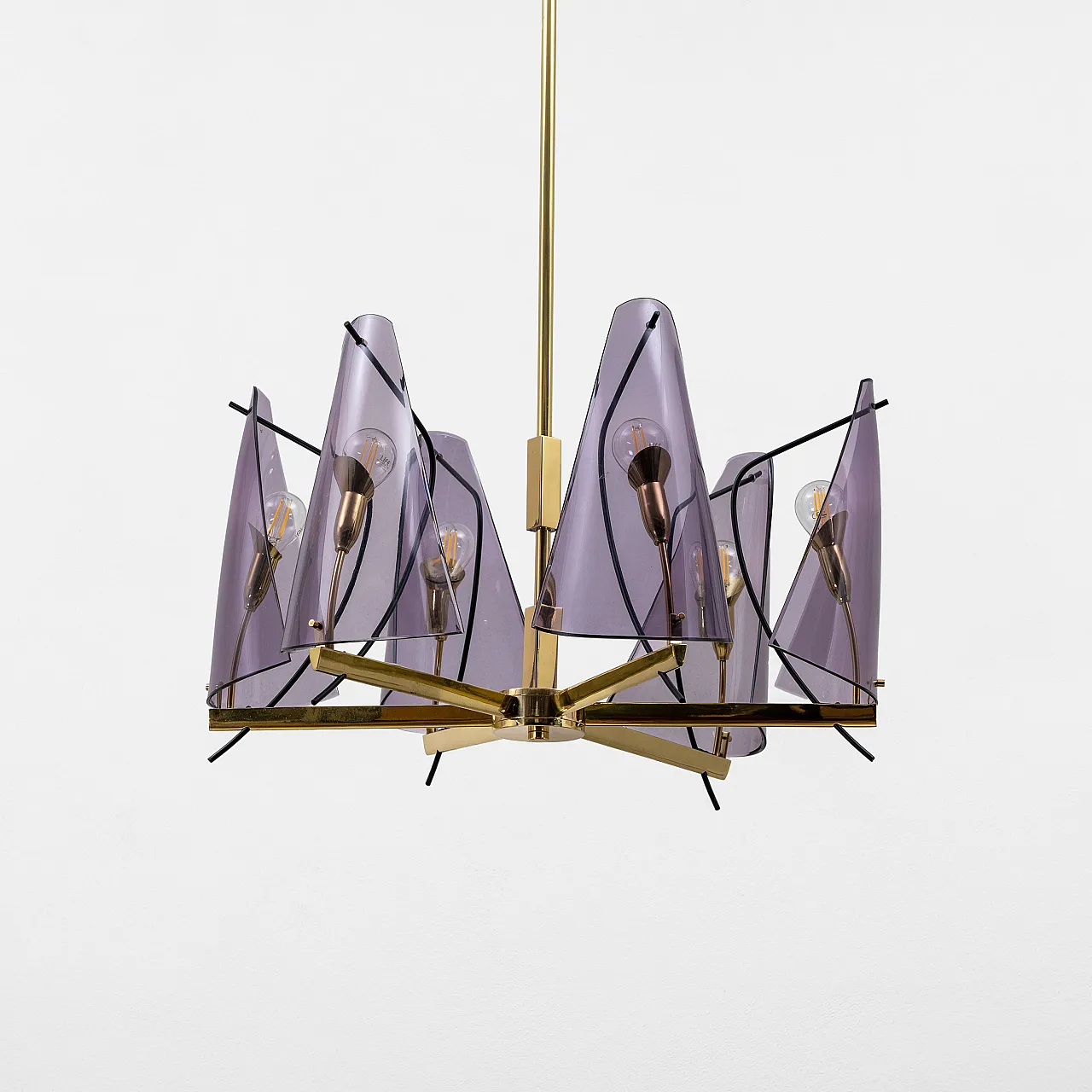 Mid-Century chandelier by Stilux Milano in brass and plexiglass, 70s 2
