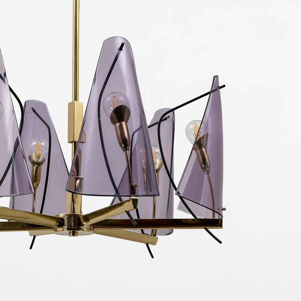 Mid-Century chandelier by Stilux Milano in brass and plexiglass, 70s 5
