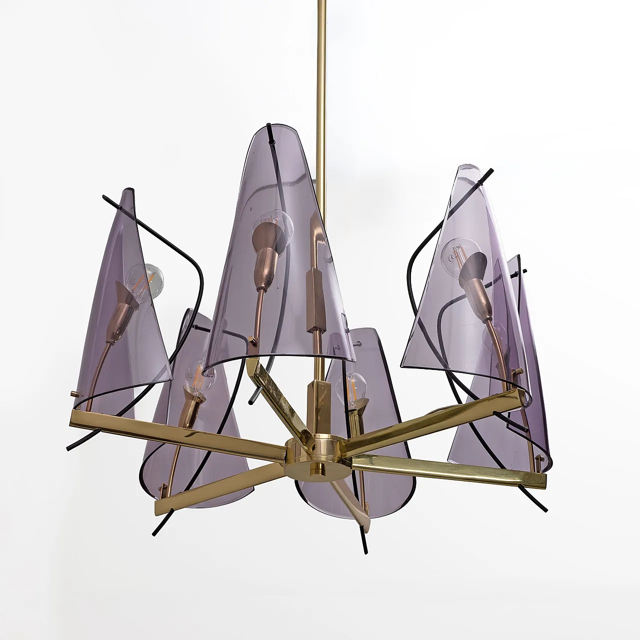 Mid-Century chandelier by Stilux Milano in brass and plexiglass, 70s 6
