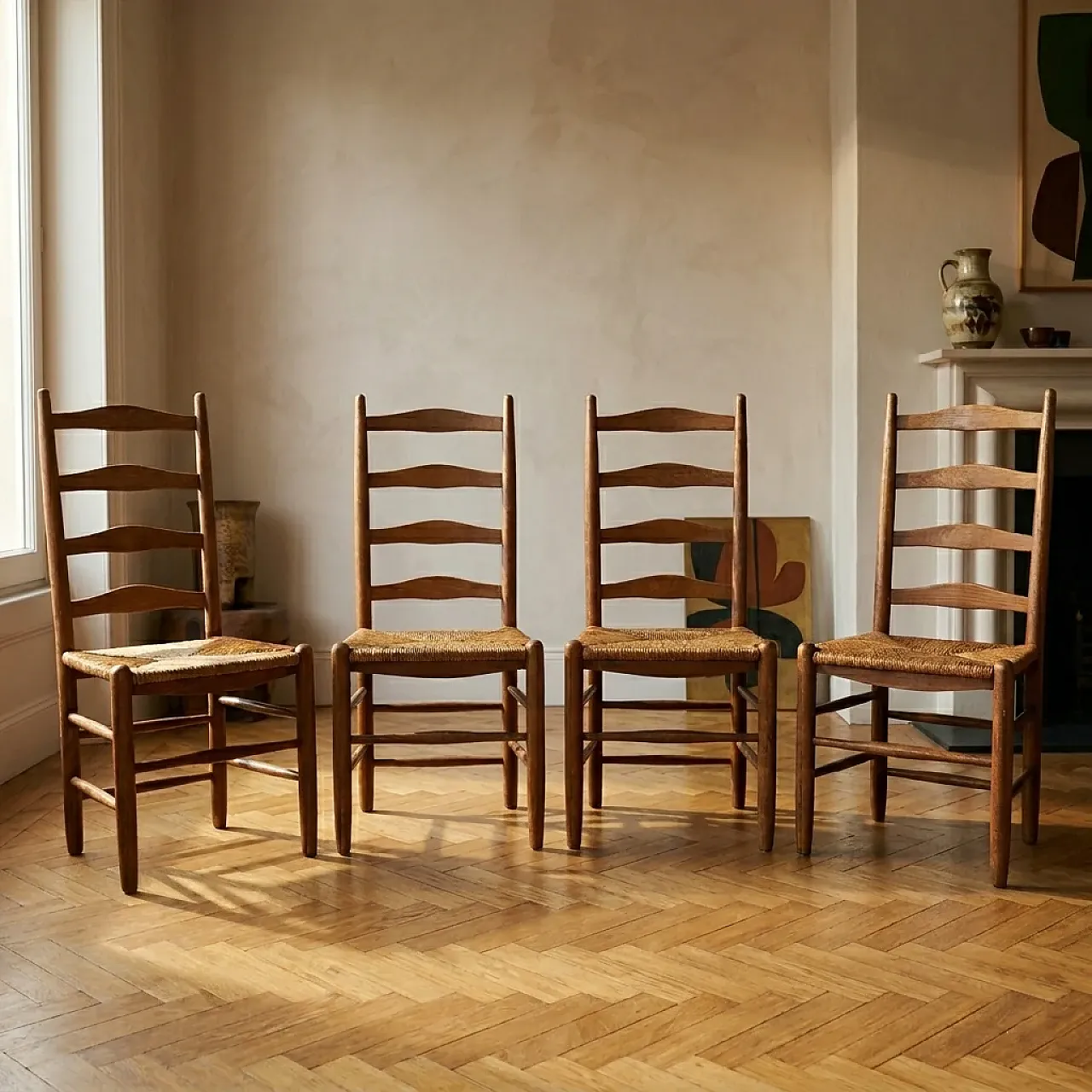 4 Sedie da pranzo in rovere rustico, anni '60 2
