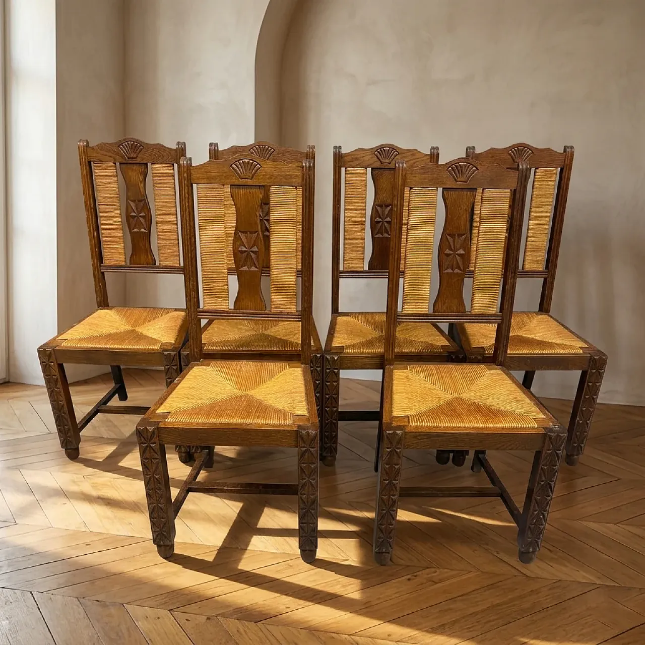 6 sedie da pranzo con seduta in paglia e legno di frassino, anni '50 1