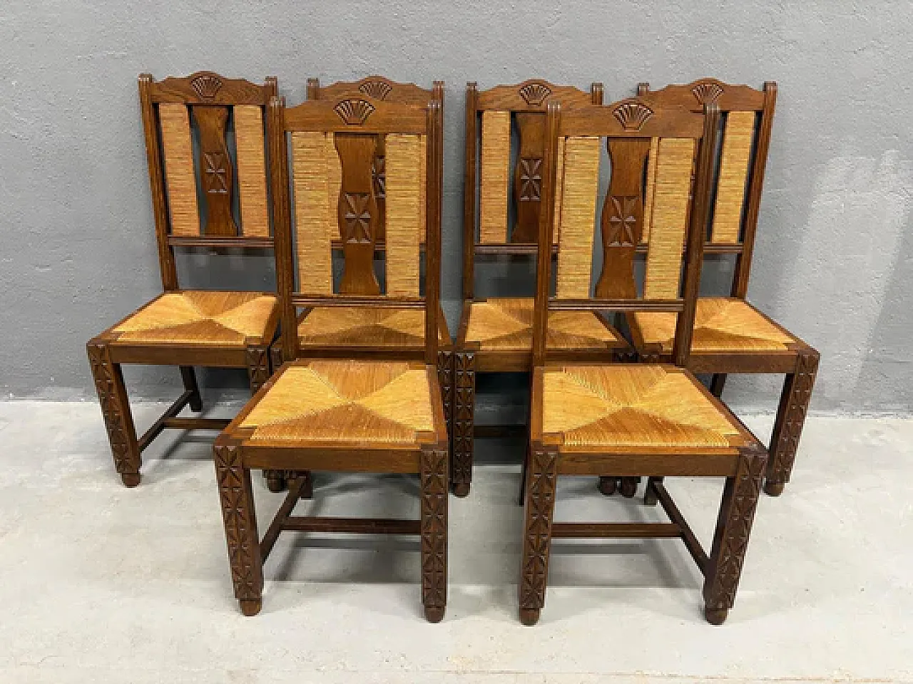 6 sedie da pranzo con seduta in paglia e legno di frassino, anni '50 3