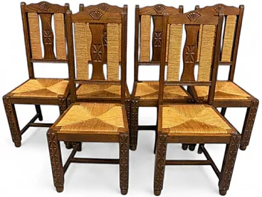 6 sedie da pranzo con seduta in paglia e legno di frassino, anni '50