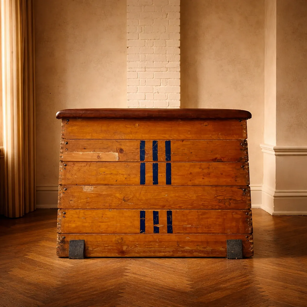 Gym vaulting box in wood and leather, mid-20th century 1