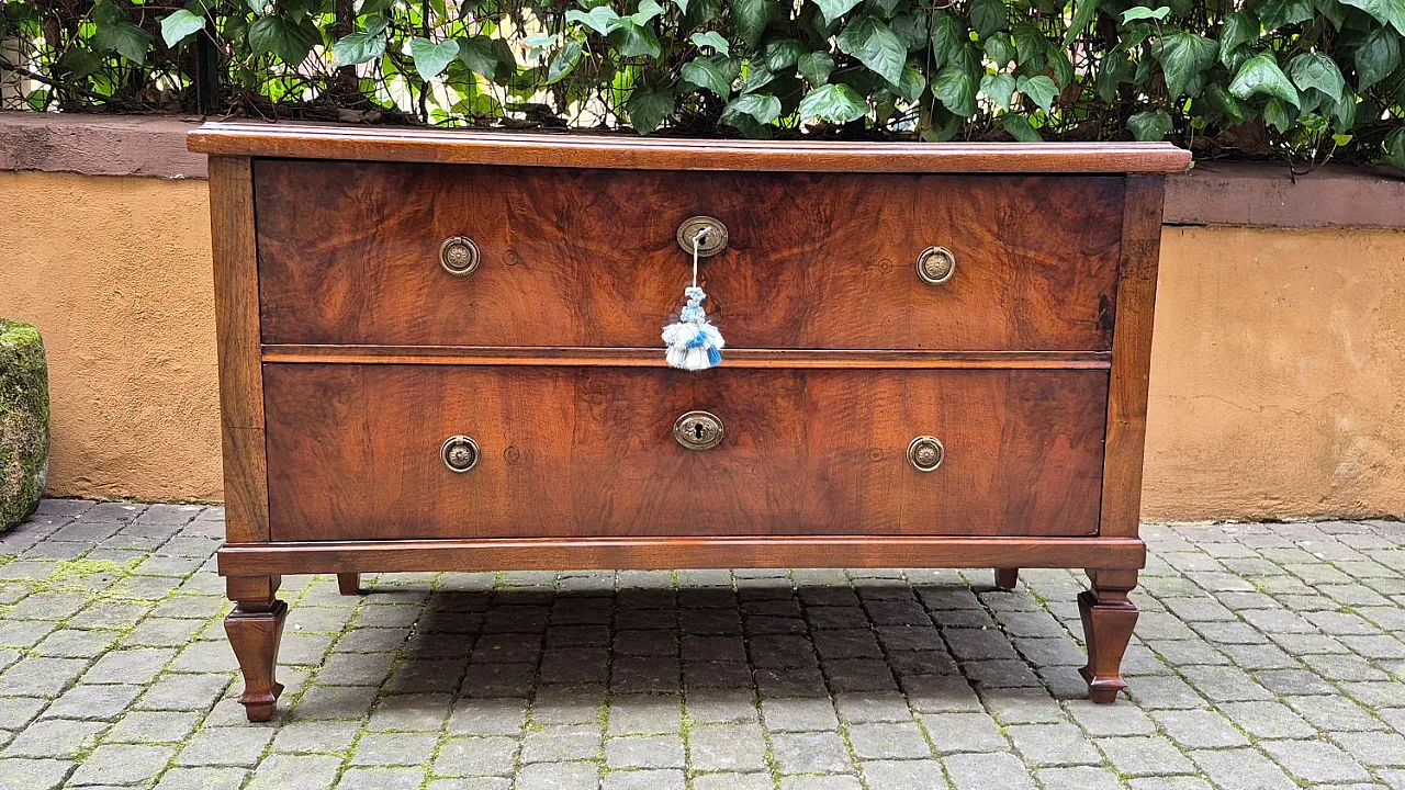 Cassettone lastronato in noce e radica, metà '800 1