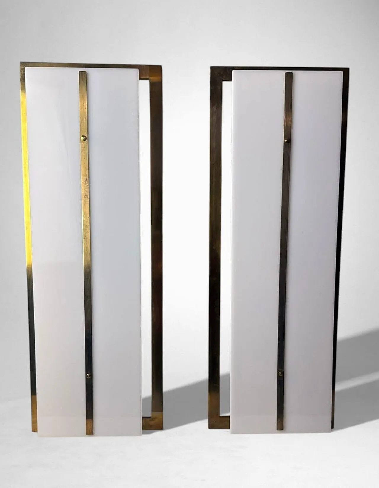Pair of brass and opaline plexiglass wall sconces, 1960s 2