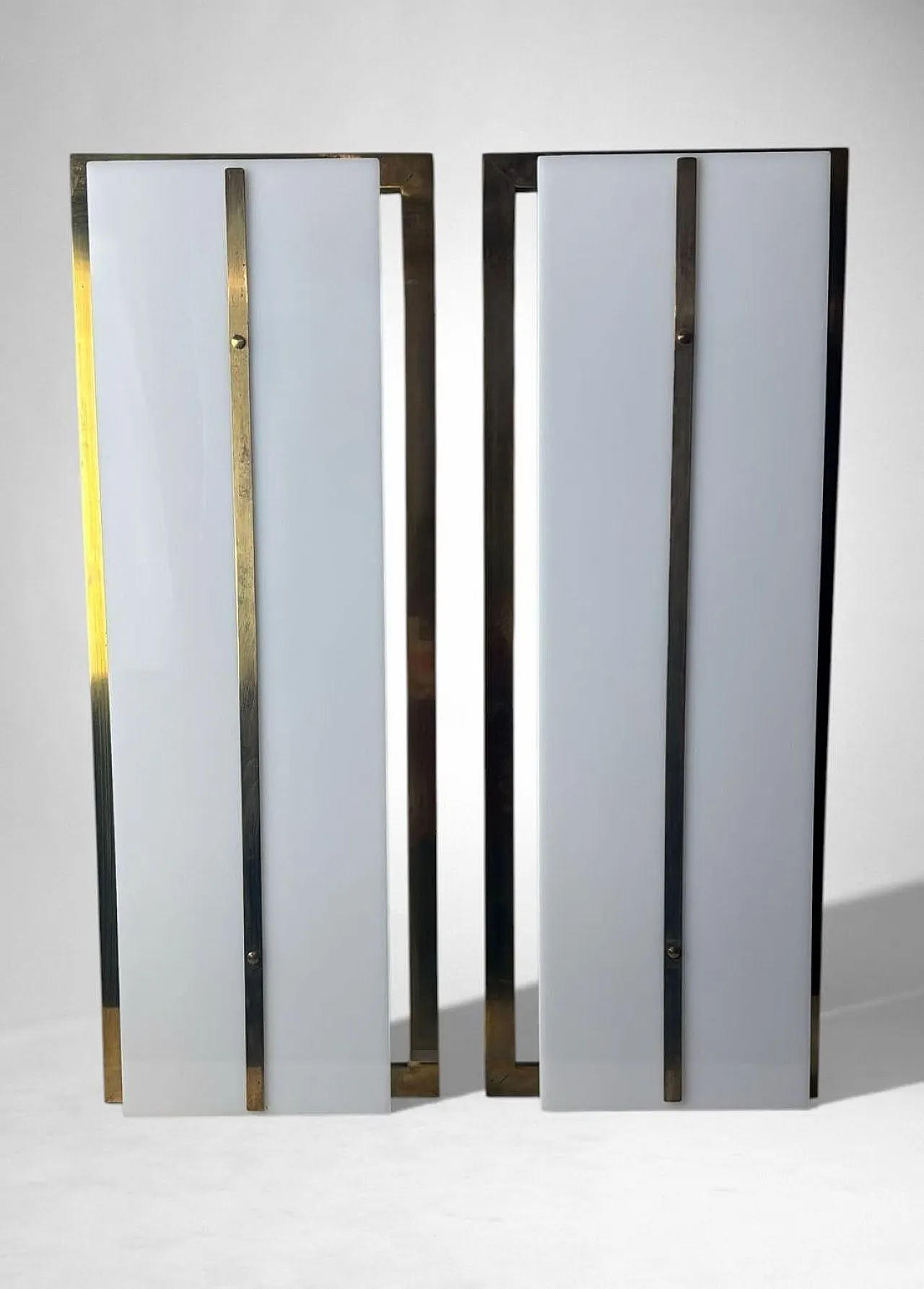 Pair of brass and opaline plexiglass wall sconces, 1960s 3
