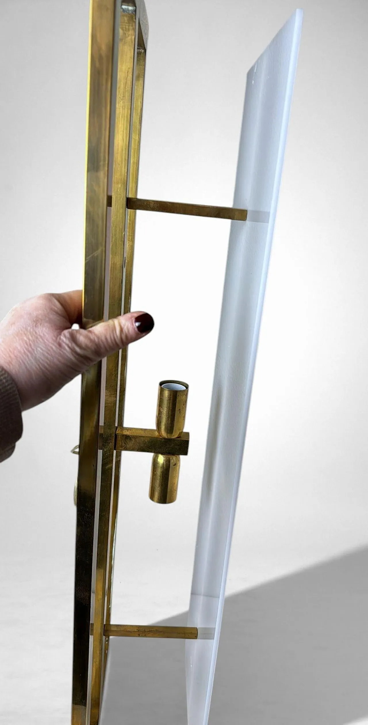 Pair of brass and opaline plexiglass wall sconces, 1960s 17