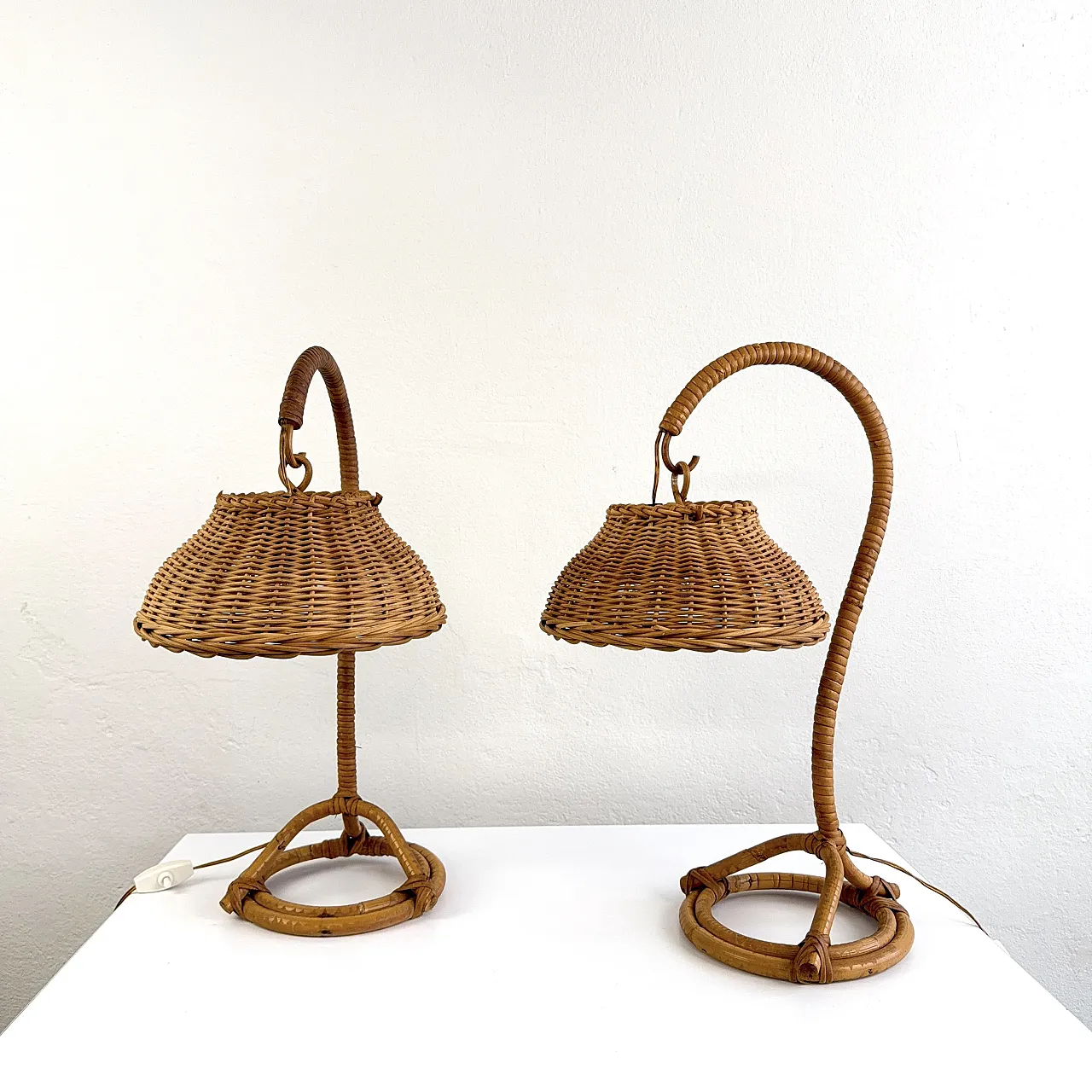 Pair of wicker bedside lamps, 1960s 1