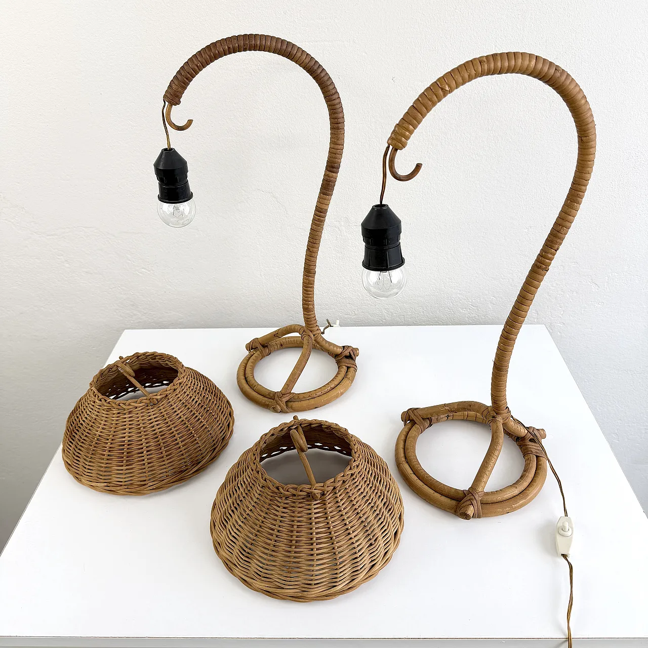 Pair of wicker bedside lamps, 1960s 8