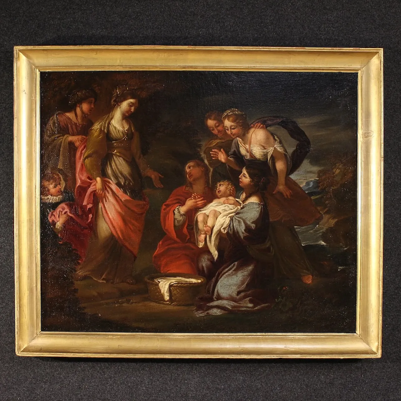 Moses saved from the waters, Italian oil on canvas, 17th century 1