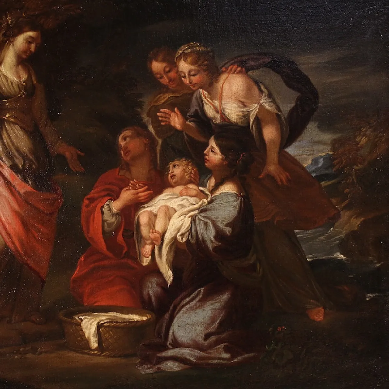 Moses saved from the waters, Italian oil on canvas, 17th century 4