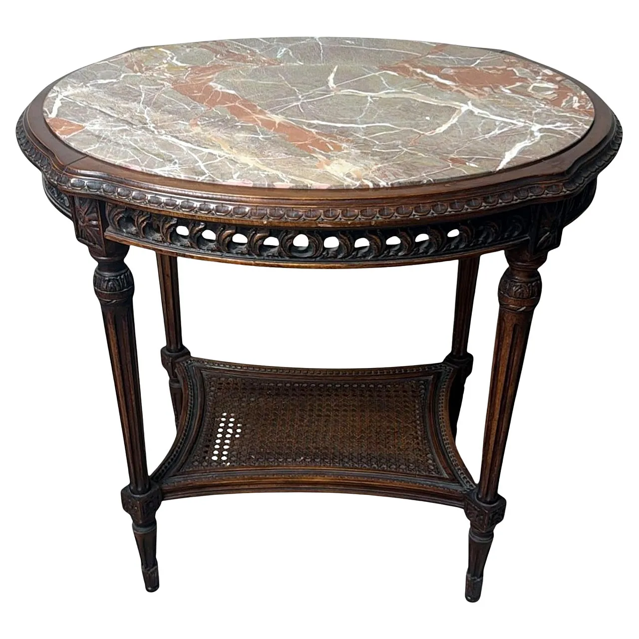 Walnut side table with marble top and Vienna straw shelf, 20th century 1