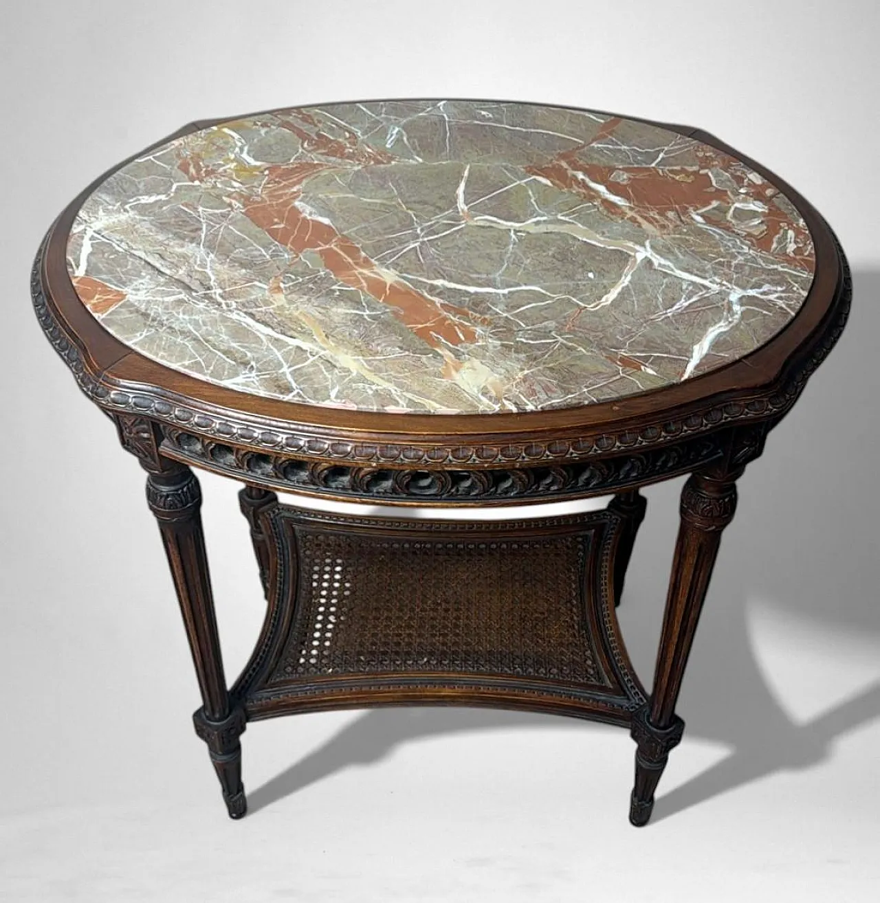 Walnut side table with marble top and Vienna straw shelf, 20th century 2