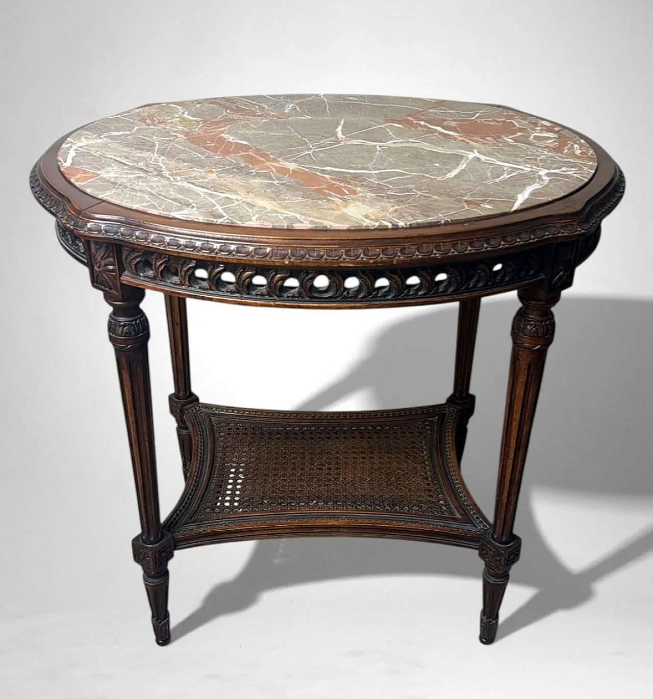 Walnut side table with marble top and Vienna straw shelf, 20th century 3