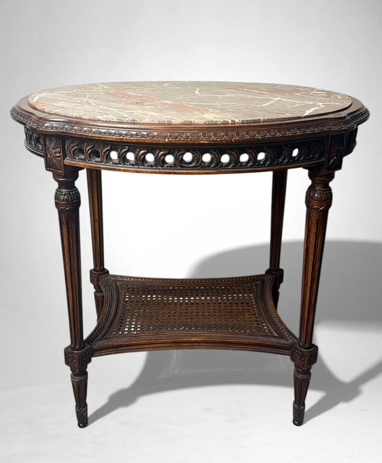 Walnut side table with marble top and Vienna straw shelf, 20th century 4