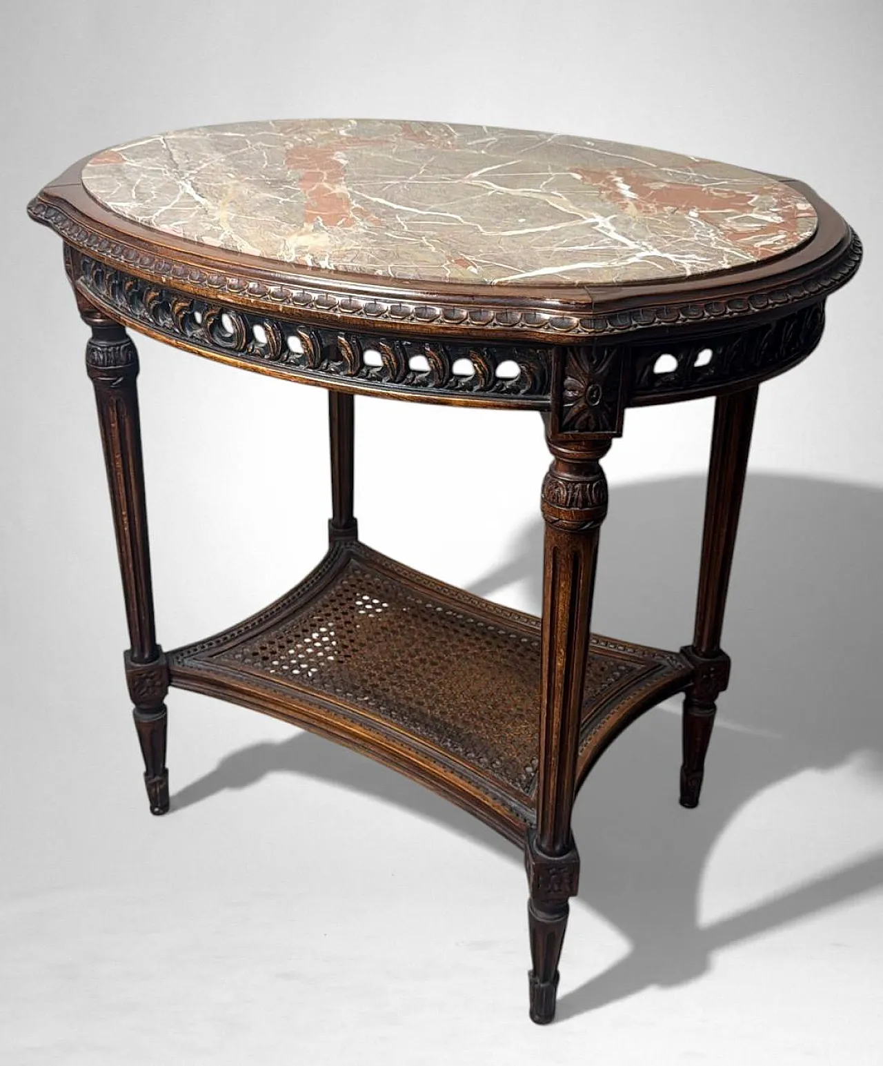 Walnut side table with marble top and Vienna straw shelf, 20th century 5