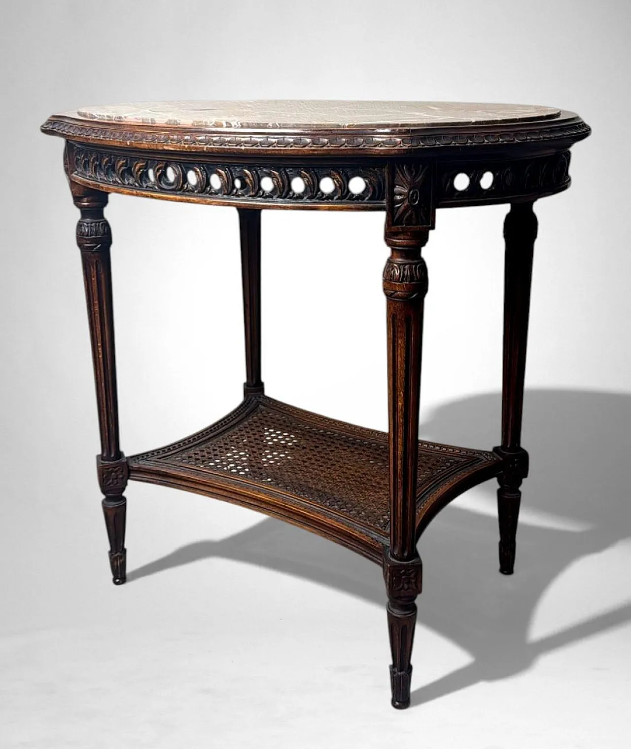 Walnut side table with marble top and Vienna straw shelf, 20th century 6
