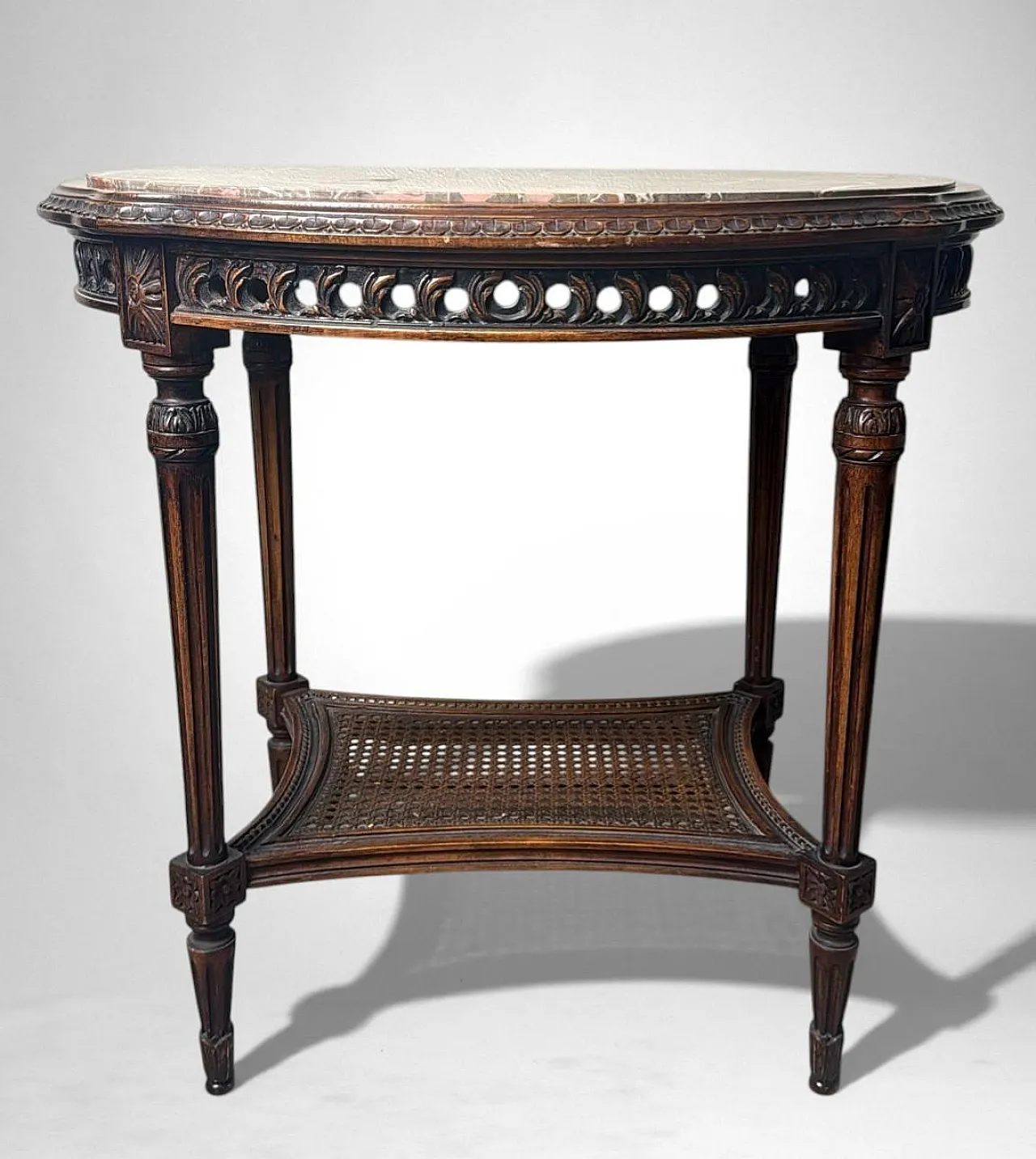 Walnut side table with marble top and Vienna straw shelf, 20th century 7