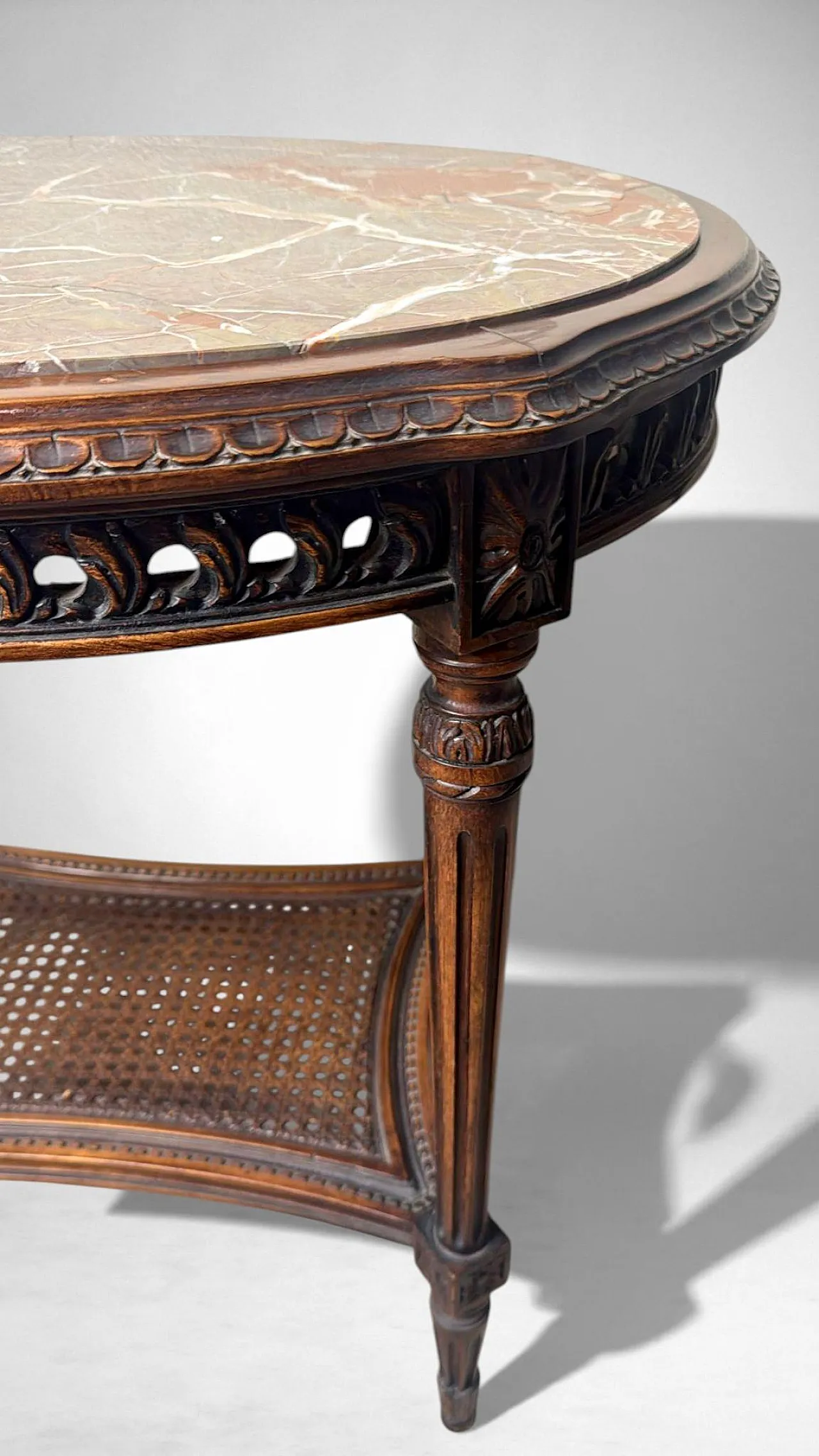 Walnut side table with marble top and Vienna straw shelf, 20th century 9