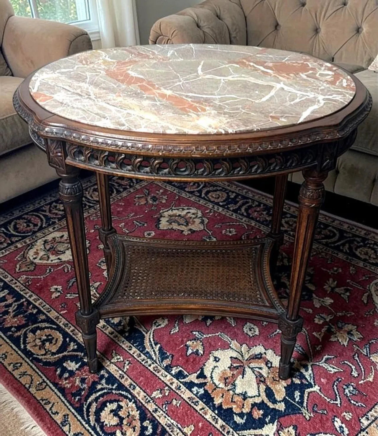Walnut side table with marble top and Vienna straw shelf, 20th century 18