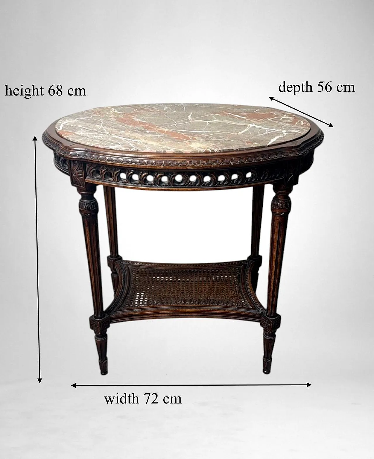 Walnut side table with marble top and Vienna straw shelf, 20th century 19