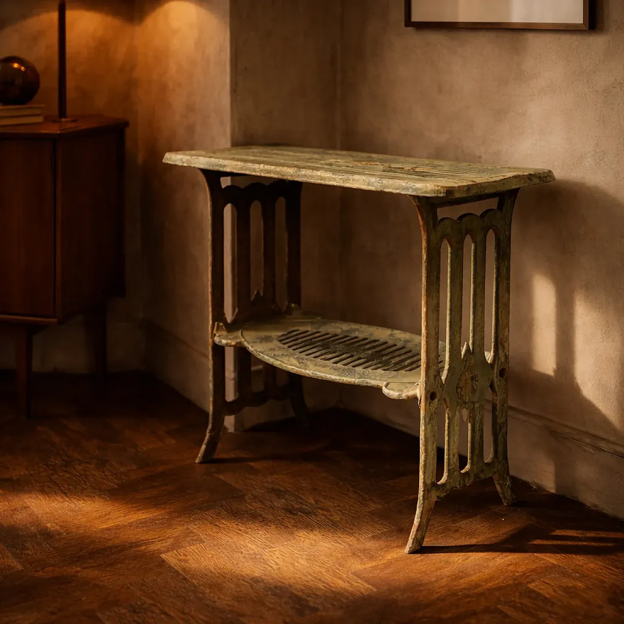 Metal table with integrated opening and lower shelf, 20th century 1