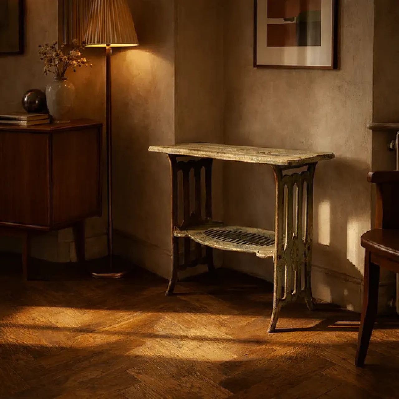 Metal table with integrated opening and lower shelf, 20th century 4
