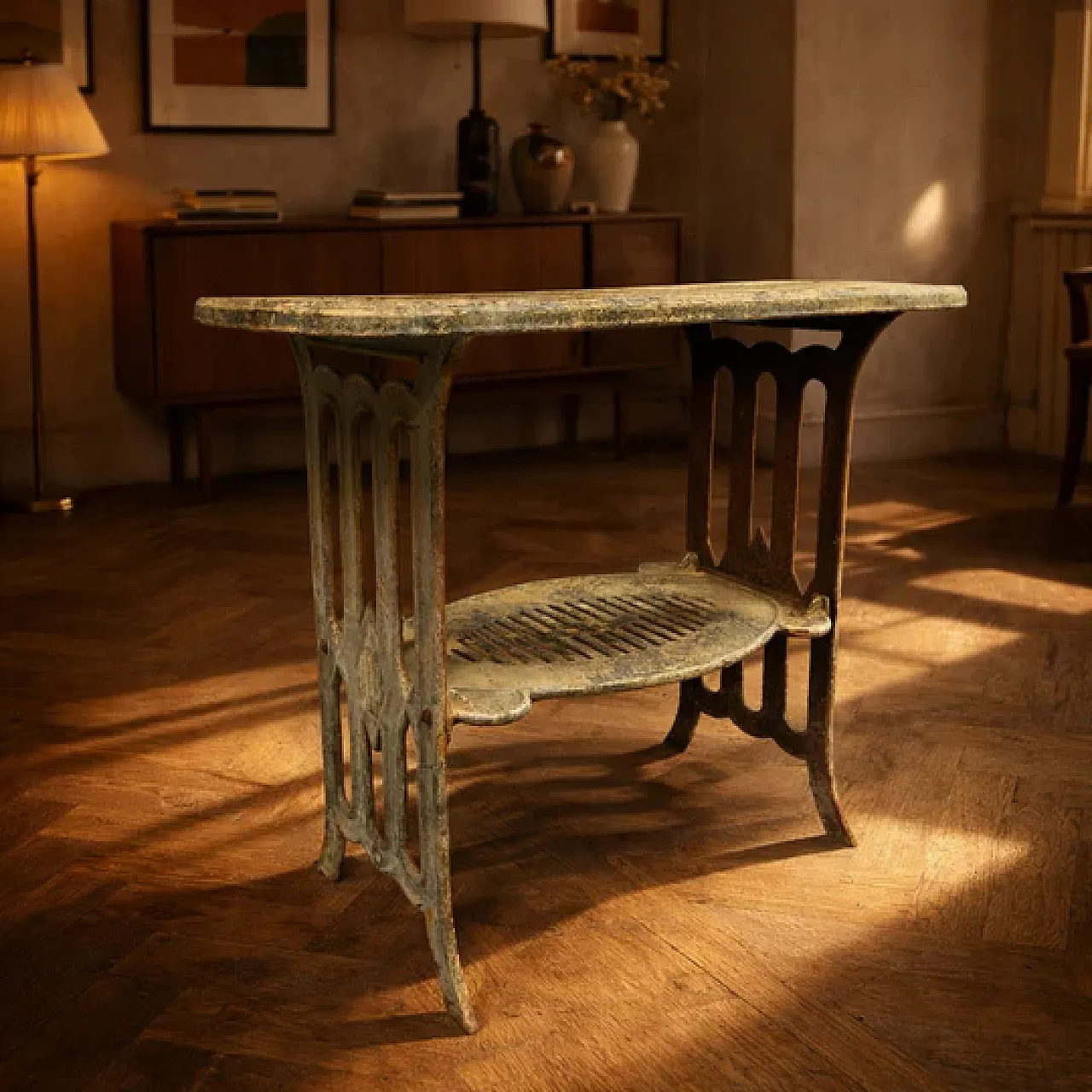 Metal table with integrated opening and lower shelf, 20th century 6