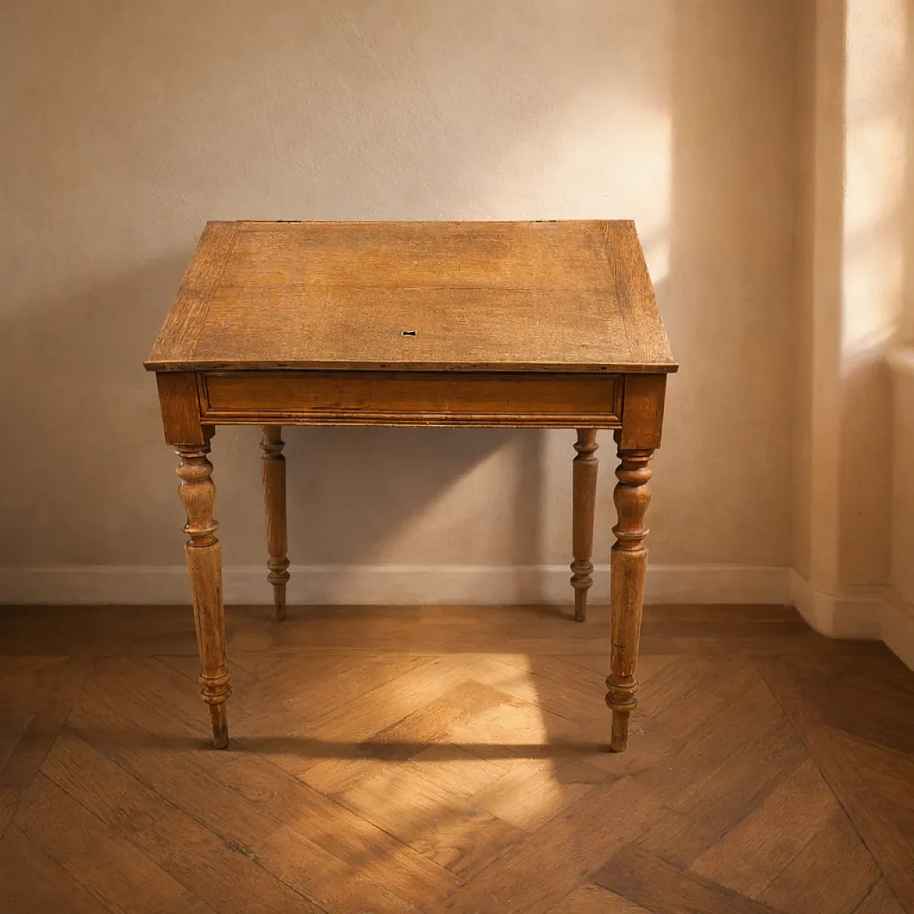 Scrivania in legno con cassetto a gambe tornite, '900 1