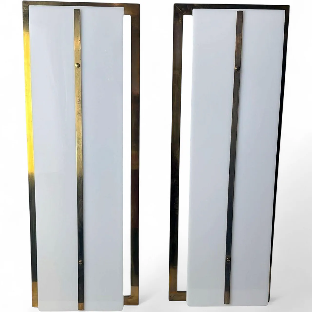 Pair of brass and opaline plexiglass wall sconces, 1960s 20