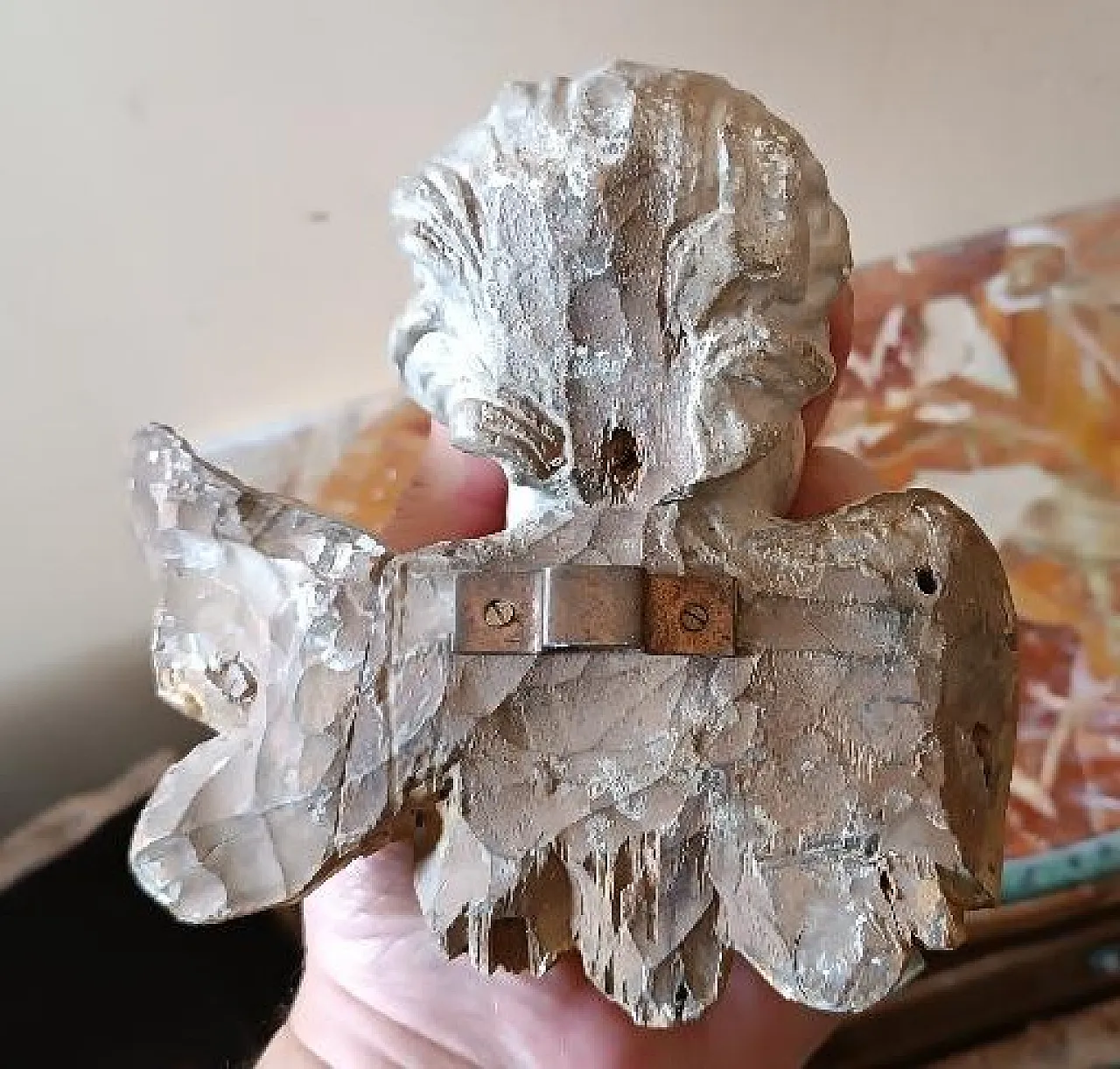 Winged cherub head in lacquered wood, early 18th century 5