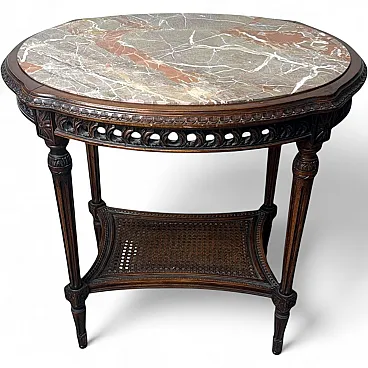 Walnut side table with marble top and Vienna straw shelf, 20th century