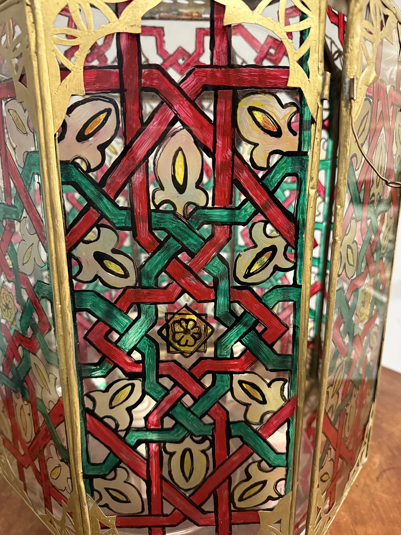 Lantern in brass and painted glass Morocco, 20th century 4